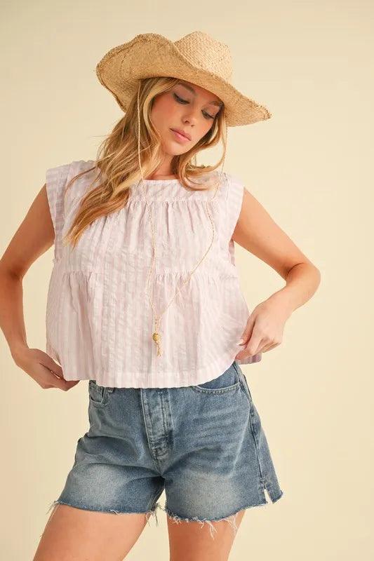 Aemi+Co Ruched Striped Round Neck Sleeveless Top