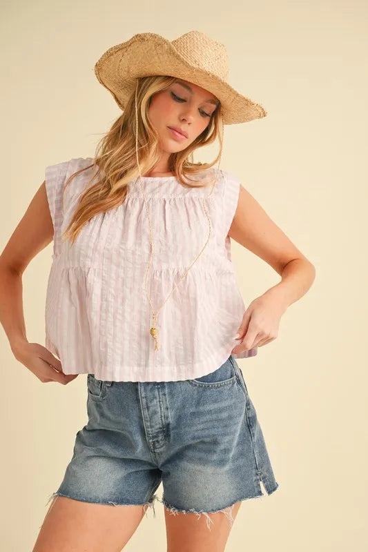 Aemi+Co Ruched Striped Round Neck Sleeveless Top