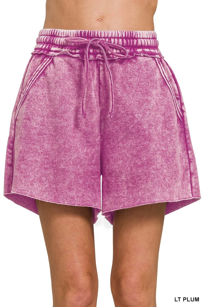 Acid Wash Fleece Drawstring Shorts With Pockets