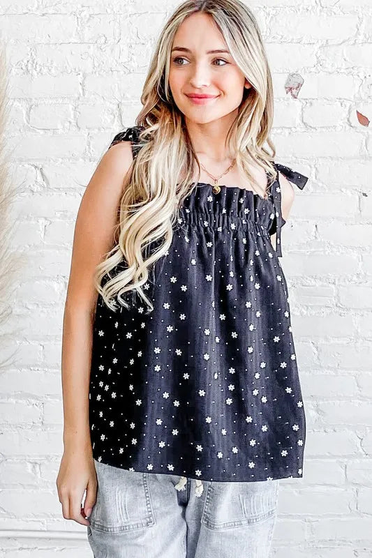 And The Why Daisy Polka Dot Print Ruffle Tank Top