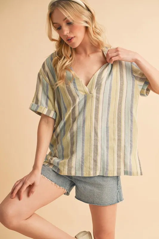 Aemi+Co Side Slit Striped Short Sleeve Blouse
