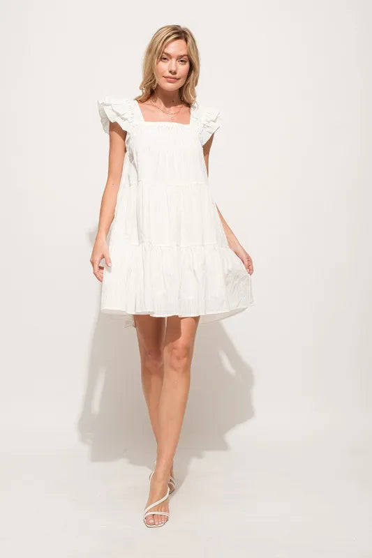 And The Why Origami Pleating Ruffled Sleeve Tiered Dress