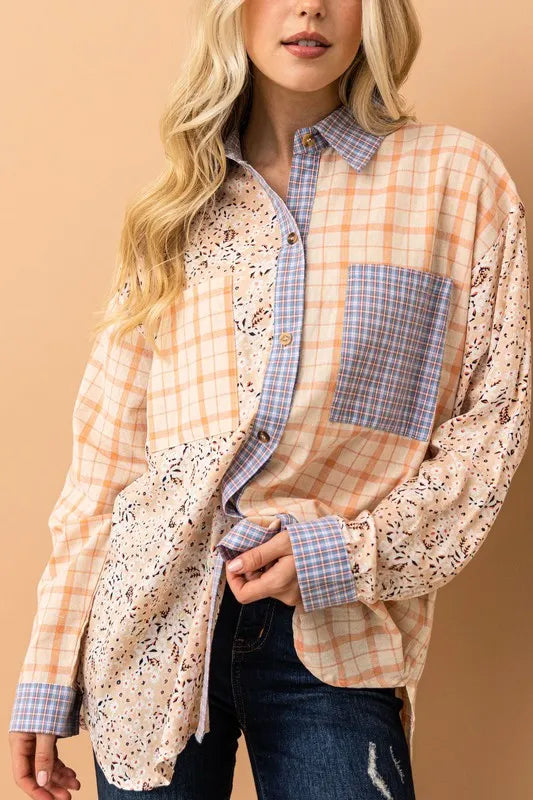 And The Why Floral and Plaid Color Block Shirts with Pocket