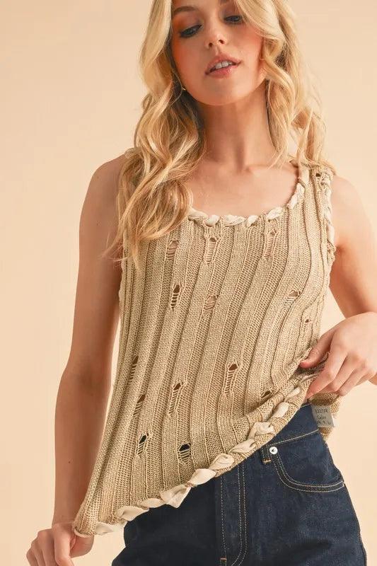 Aemi+Co Distressed Detail Round Neck Knit Tank
