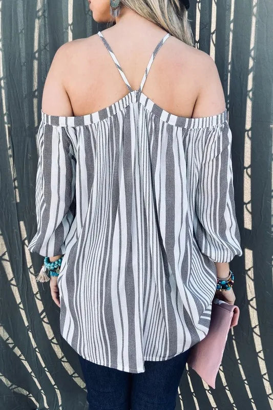 And The Why Stripe Printed Cold Shoulder Halter Neck Top
