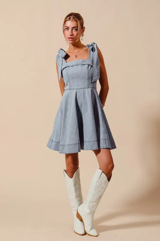 A Line Fit and Flare Diamond Bow Ribbon Denim Dres