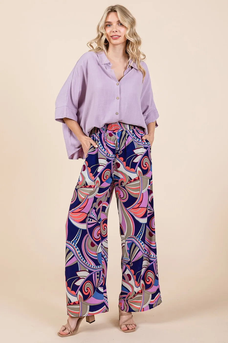 Abstract Print Elastic Waist Wide Leg Pants