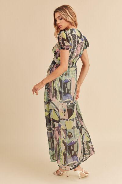 Aemi + Co Lace Detail Slit Geometric Print Short Sleeve Maxi Dress