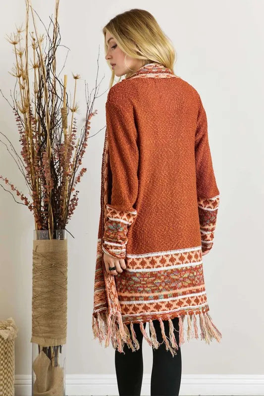 ADORA Full Size Fringe Hem Aztec Border Cardigan Plus Size