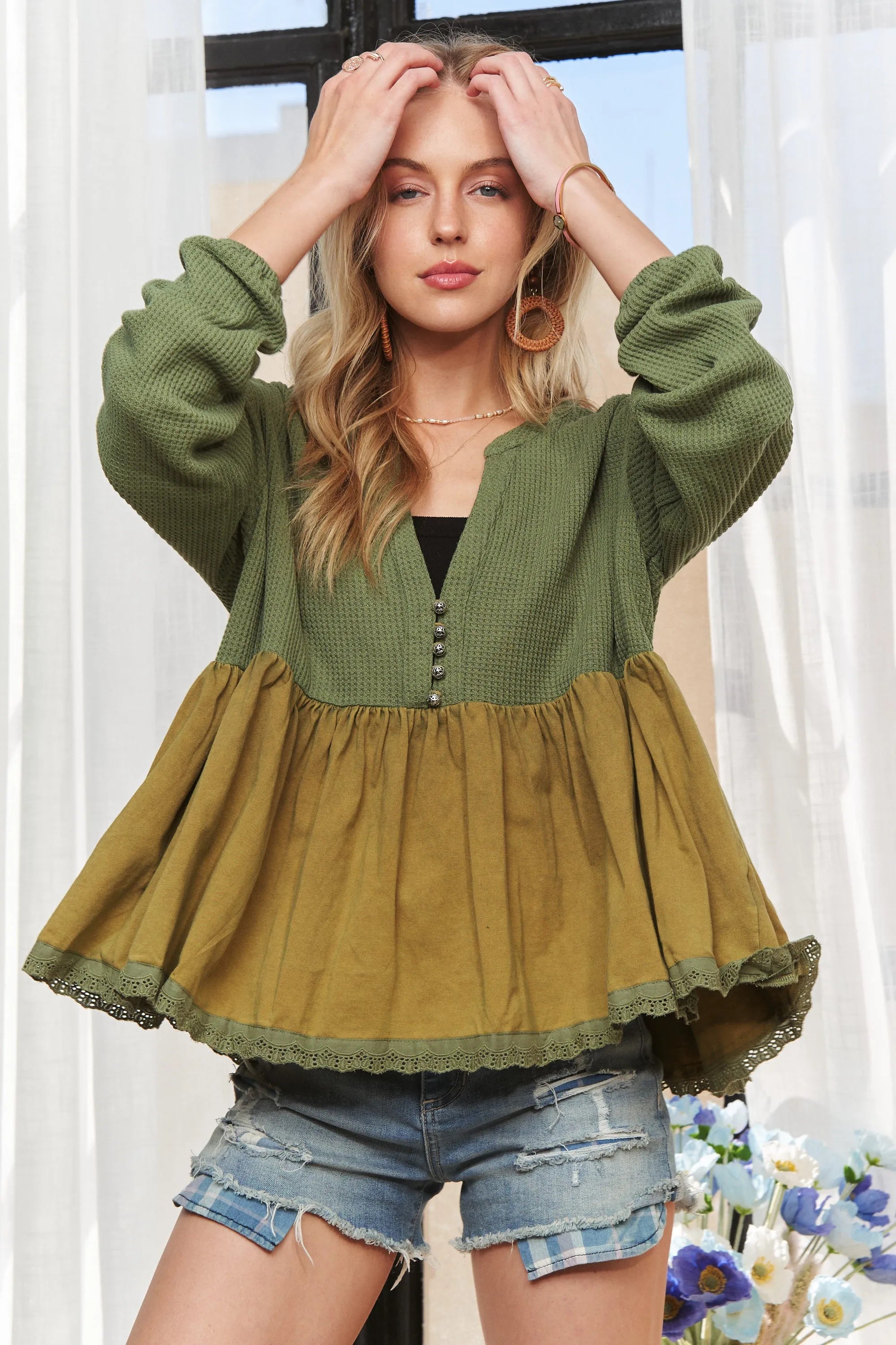 ADORA Mineral Washed Babydoll Tunic Top