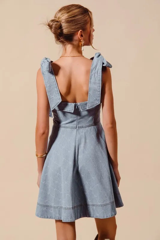 A Line Fit and Flare Diamond Bow Ribbon Denim Dres