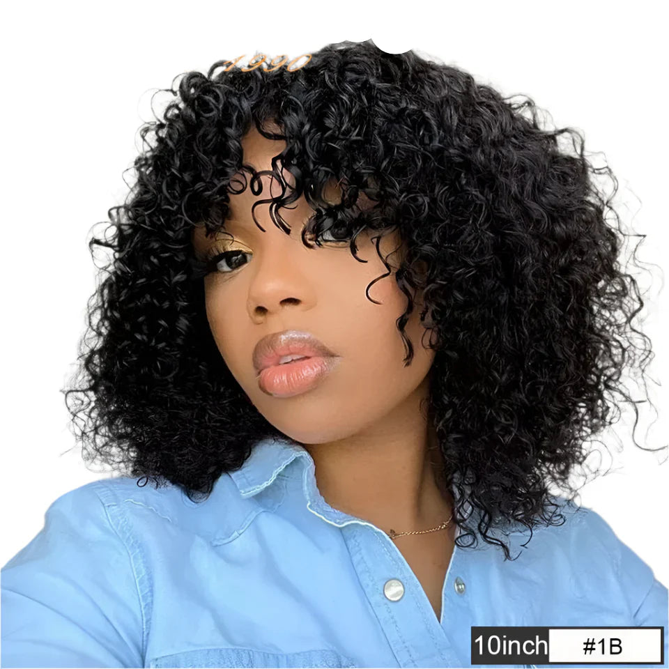 180% Density Honey Blonde Highlight Jerry Curly Pixie Bob Wig with Bangs