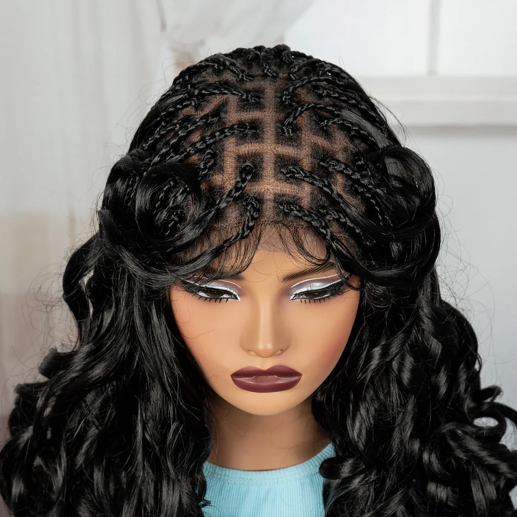 18" Bouncy Wavy Knotless Braids Wig | Full Lace | Bangs | Baby Hair