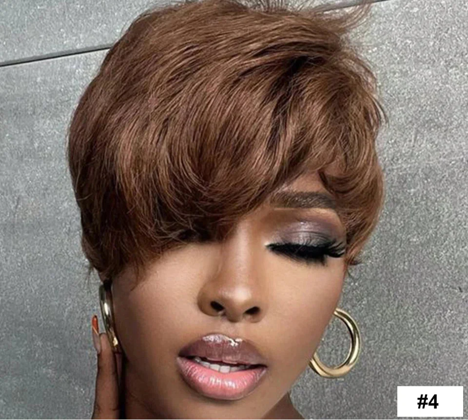 180% Density Natural Black Pixie Bob Wig with Bangs | Short Straight Human Hair (with optional Wine Blonde 99J)