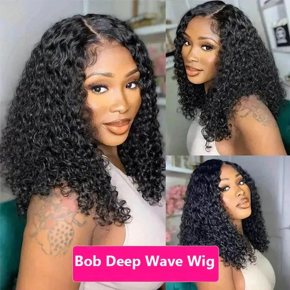200% Density Short Curly Bob Wig 13x4 Lace Front Wet & Wavy Deep Wave Brazilian Remy Human Hair 4x4 Closure