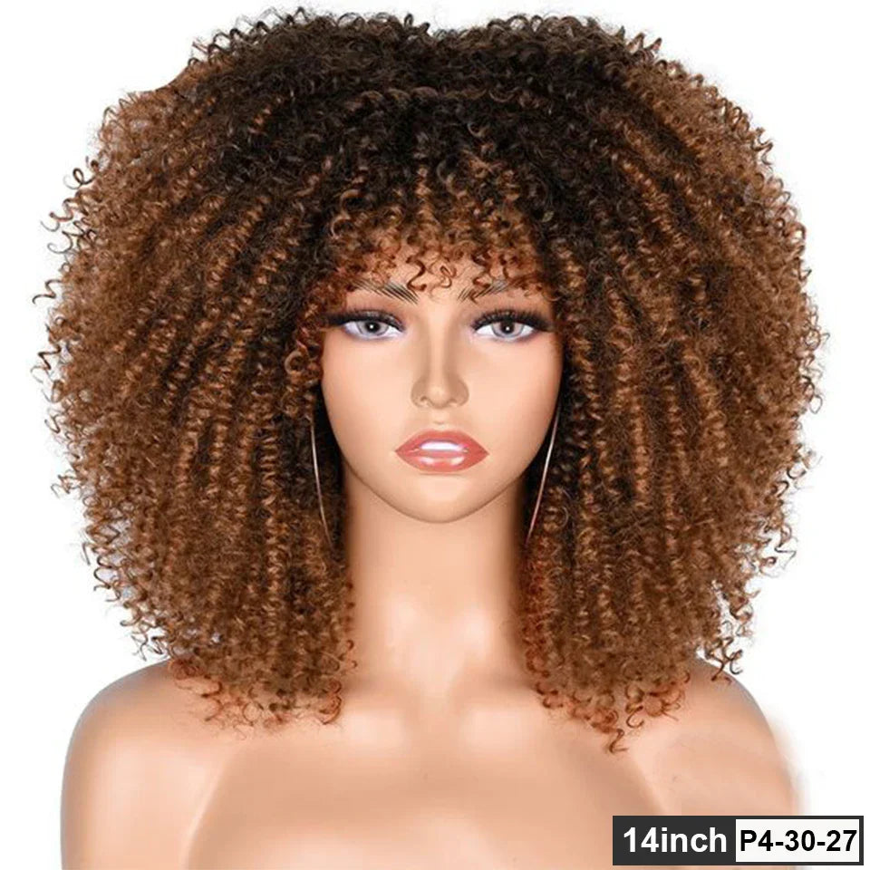 250% Density Afro Kinky Curly Wig with Bangs | Brown Glueless Human Hair