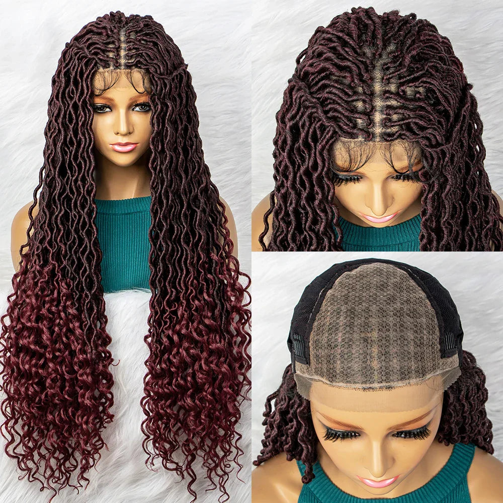32" Burgundy Curly Dreadlocks Braided Wig | Lace Front with Baby Hair