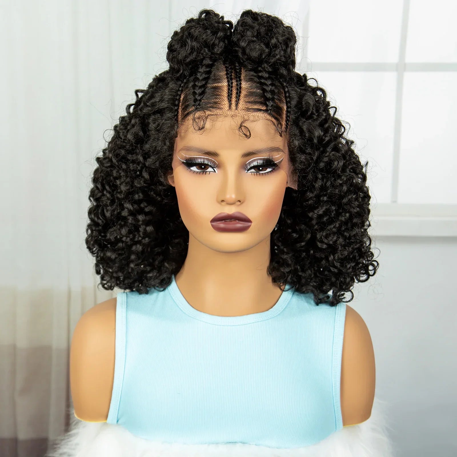 16" Cornrow Braids Wig with Afro Kinky Curly Ends | Knotless Lace Front | Baby Hair