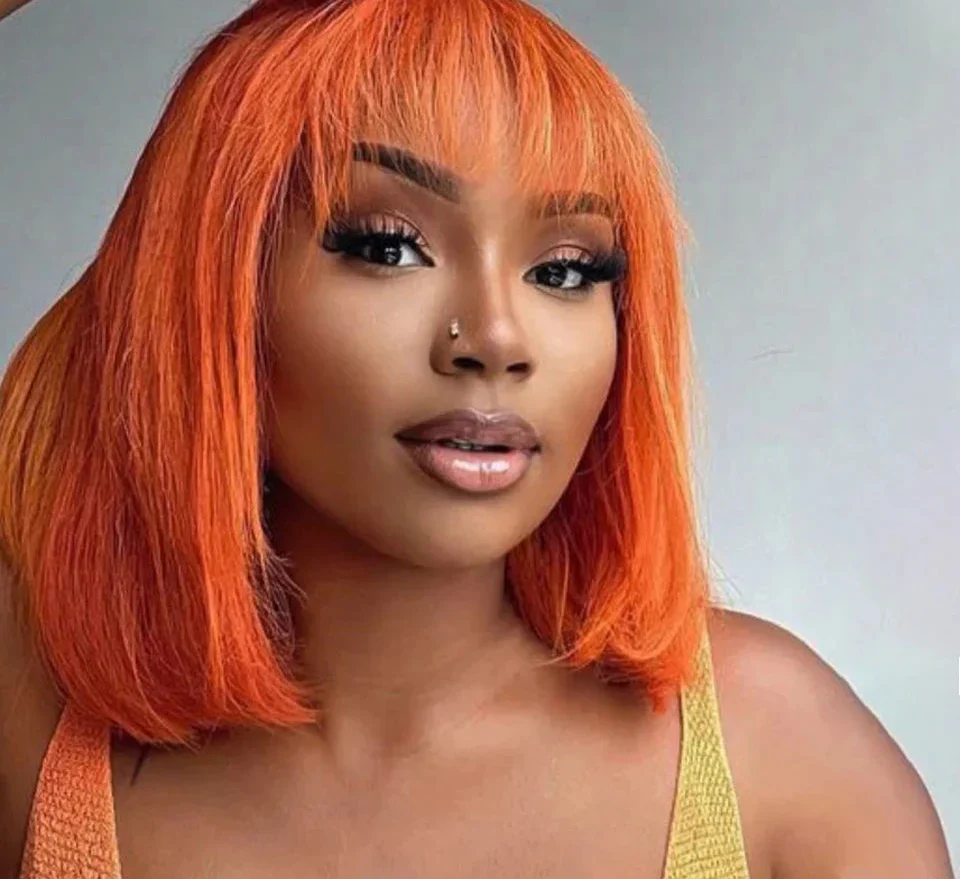 180D Orange/Ginger & Blonde Straight Human Hair Bob Wig with Bangs | Full Machine Made Remy for Women (P4/30, 613, 99J, T1B/27)
