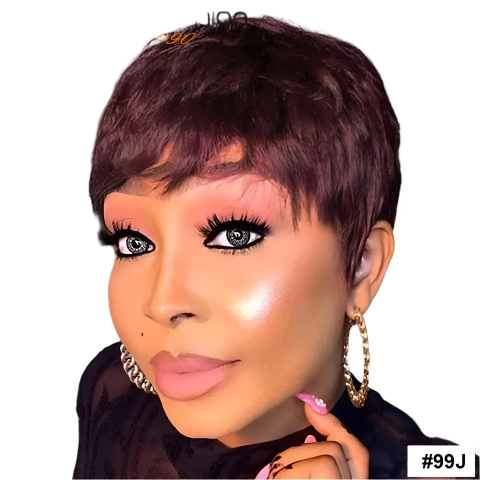 180% Density Natural Black Pixie Bob Wig with Bangs | Short Straight Human Hair (with optional Wine Blonde 99J)