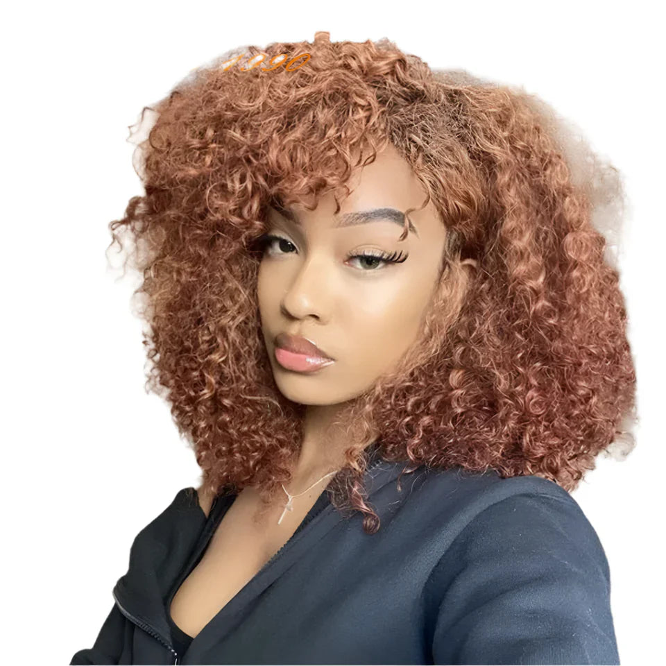 250% Density Afro Kinky Curly Wig with Bangs | Brown Glueless Human Hair