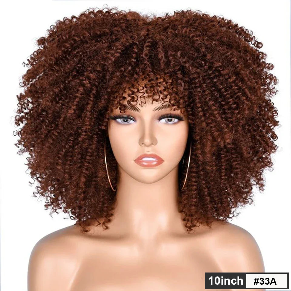 200% Density Short Afro Kinky Curly Human Hair Wig with Bangs | Sassy Fluffy Natural Growth Full Machine Made Wigs