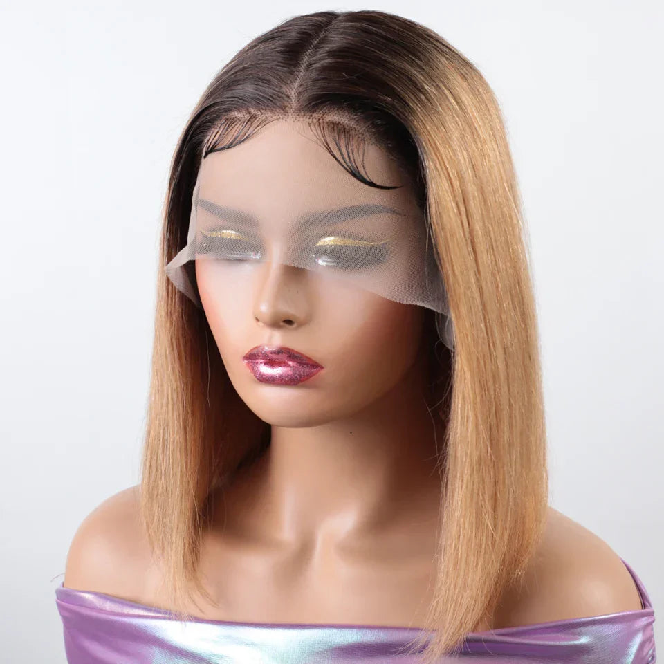 180% Density Honey Blonde Bob Wig | Straight T-Part Lace Front Brazilian Human Hair