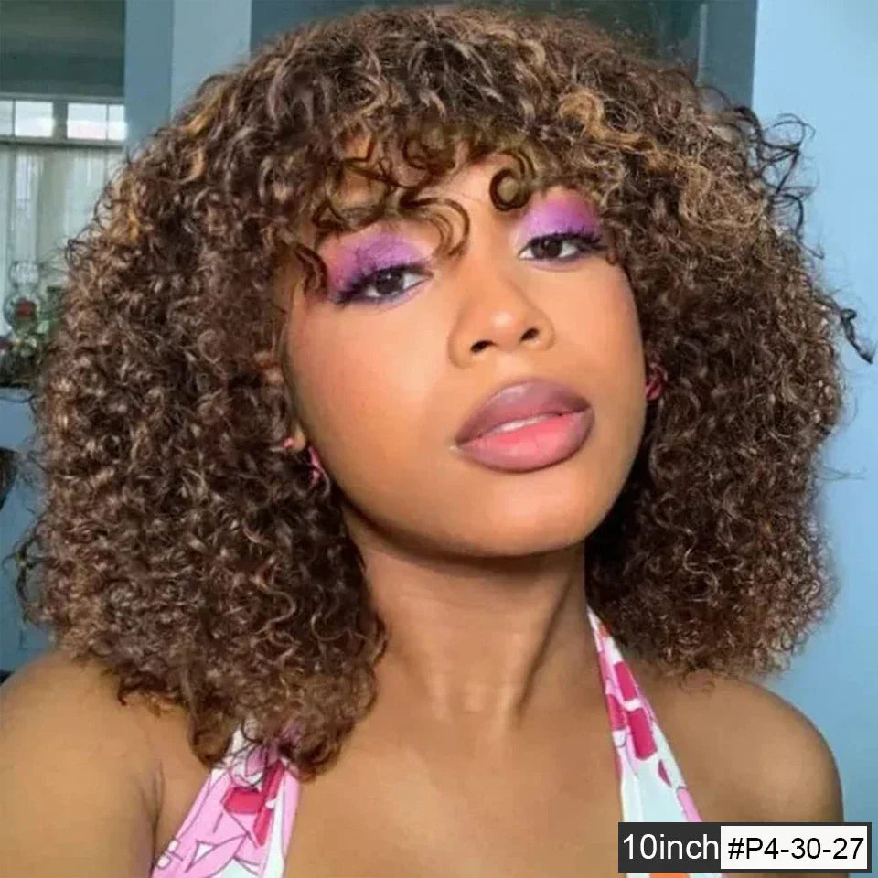 180% Density Honey Blonde Highlight Jerry Curly Pixie Bob Wig with Bangs