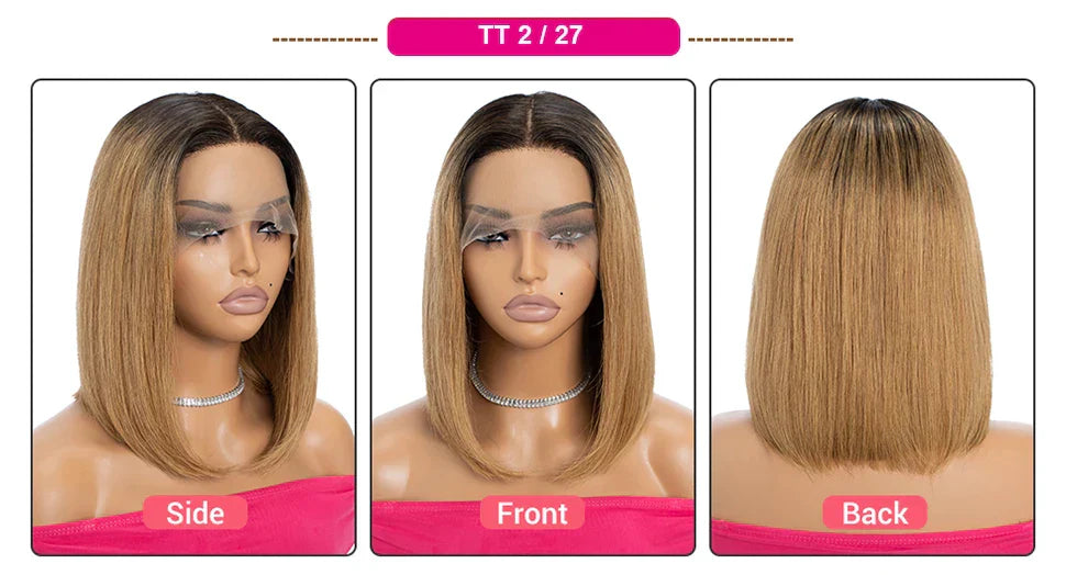 180% Density Dark Root Ginger Ombre Straight Bob Wig | Transparent T-Part Lace Front Human Hair