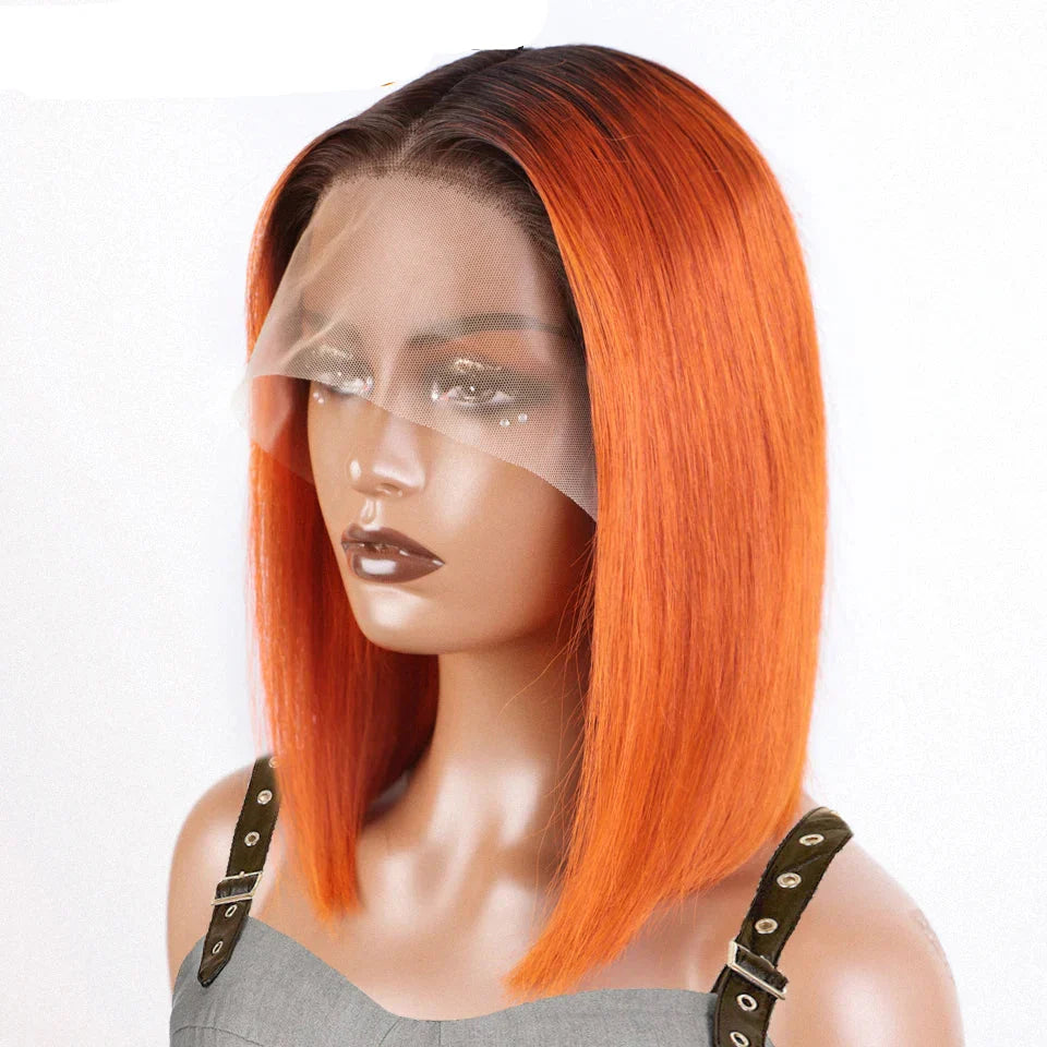 180% Density Dark Root Ginger Ombre Straight Bob Wig | Transparent T-Part Lace Front Human Hair