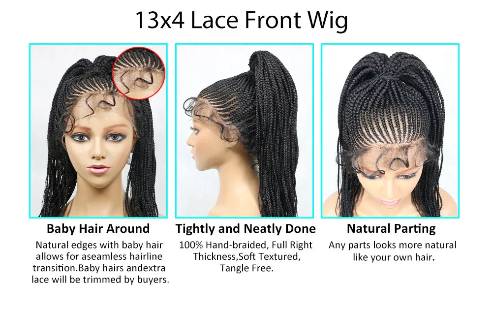 30" Braided Lace Front Wig for Black Women | African Braids with Baby Hair | Synthetic Glueless Mat Wig