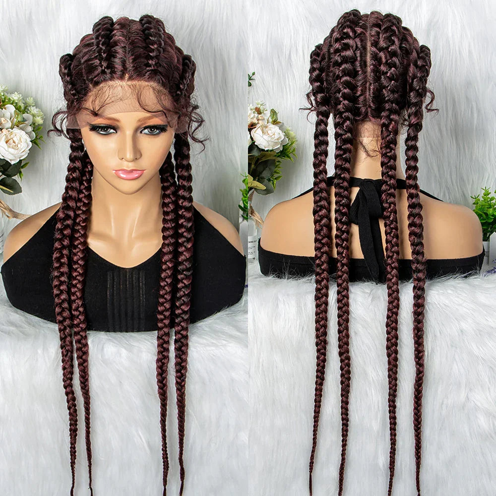 32" Full Lace Four Braid Box Braids Wig | Kanekalon Synthetic Braided Wig for Black Women