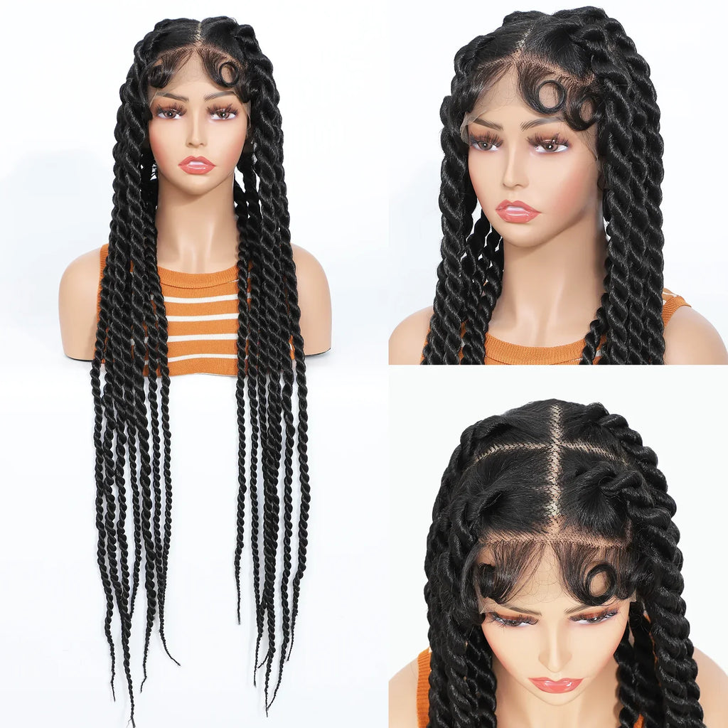 36" Hand-Tied Faux Locs Full Lace Wig | Transparent Lace | Goddess Braids | Synthetic Braided Wig