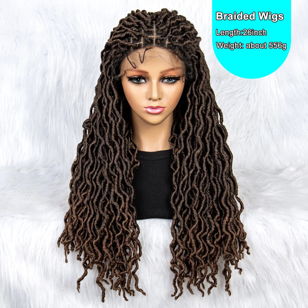26" Goddess Locs Braided Wig | Lace Front Faux Locs Wig with Baby Hair | Synthetic Dreadlock Braids Wig for Women | Transparent Lace
