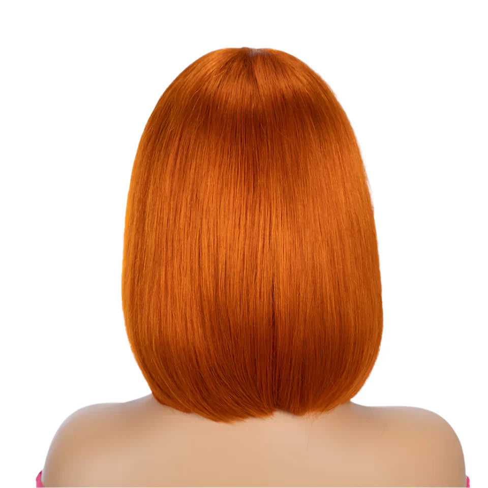180D Orange/Ginger & Blonde Straight Human Hair Bob Wig with Bangs | Full Machine Made Remy for Women (P4/30, 613, 99J, T1B/27)