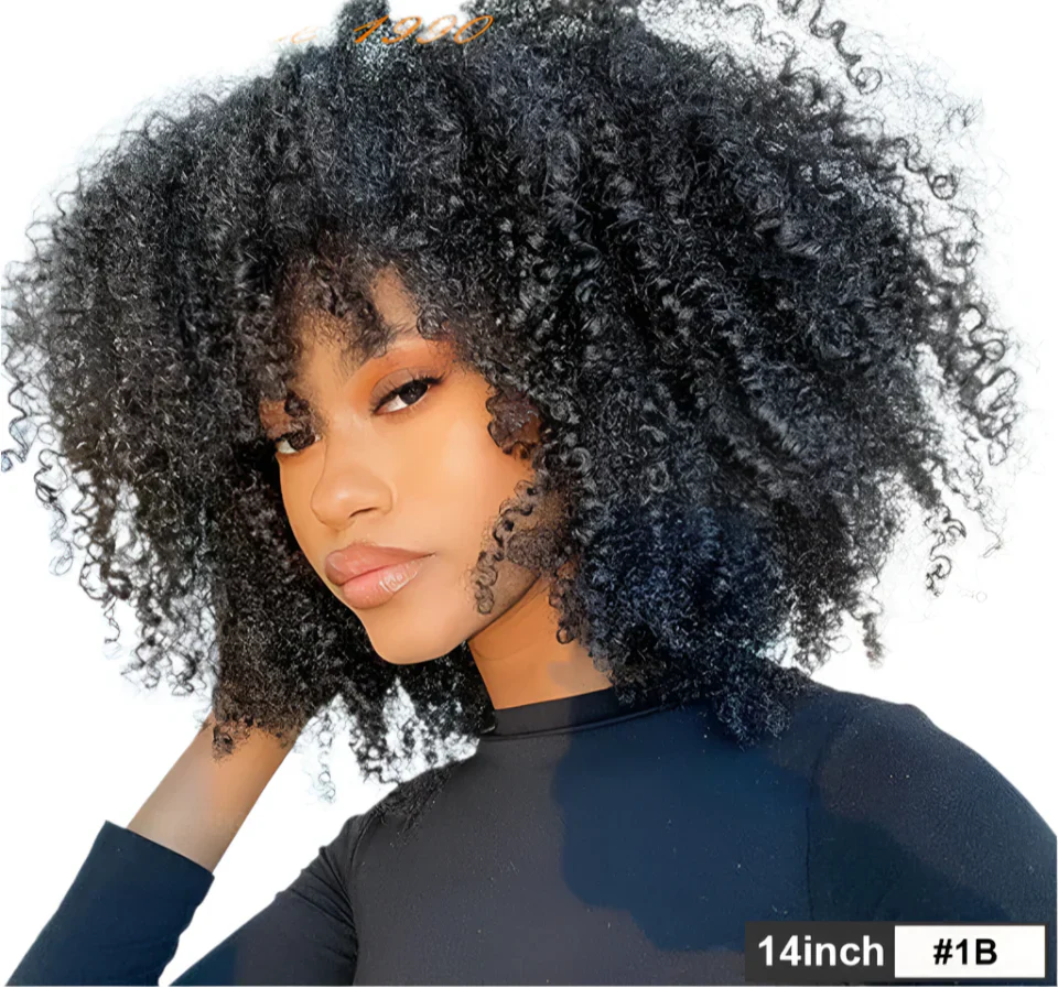 250% Density Afro Kinky Curly Wig with Bangs | Brown Glueless Human Hair