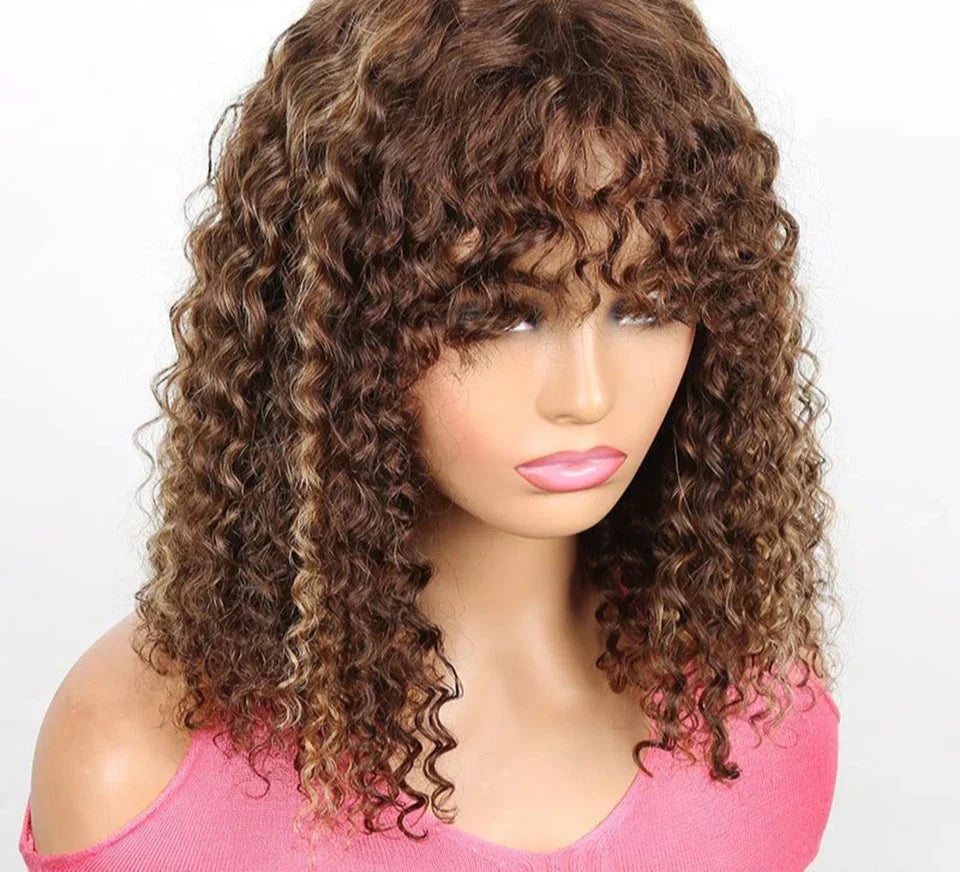 180% Density Jerry Curly Pixie Bob Wig with Bangs | Highlight 1B/P1B/30 Remy Human Hair