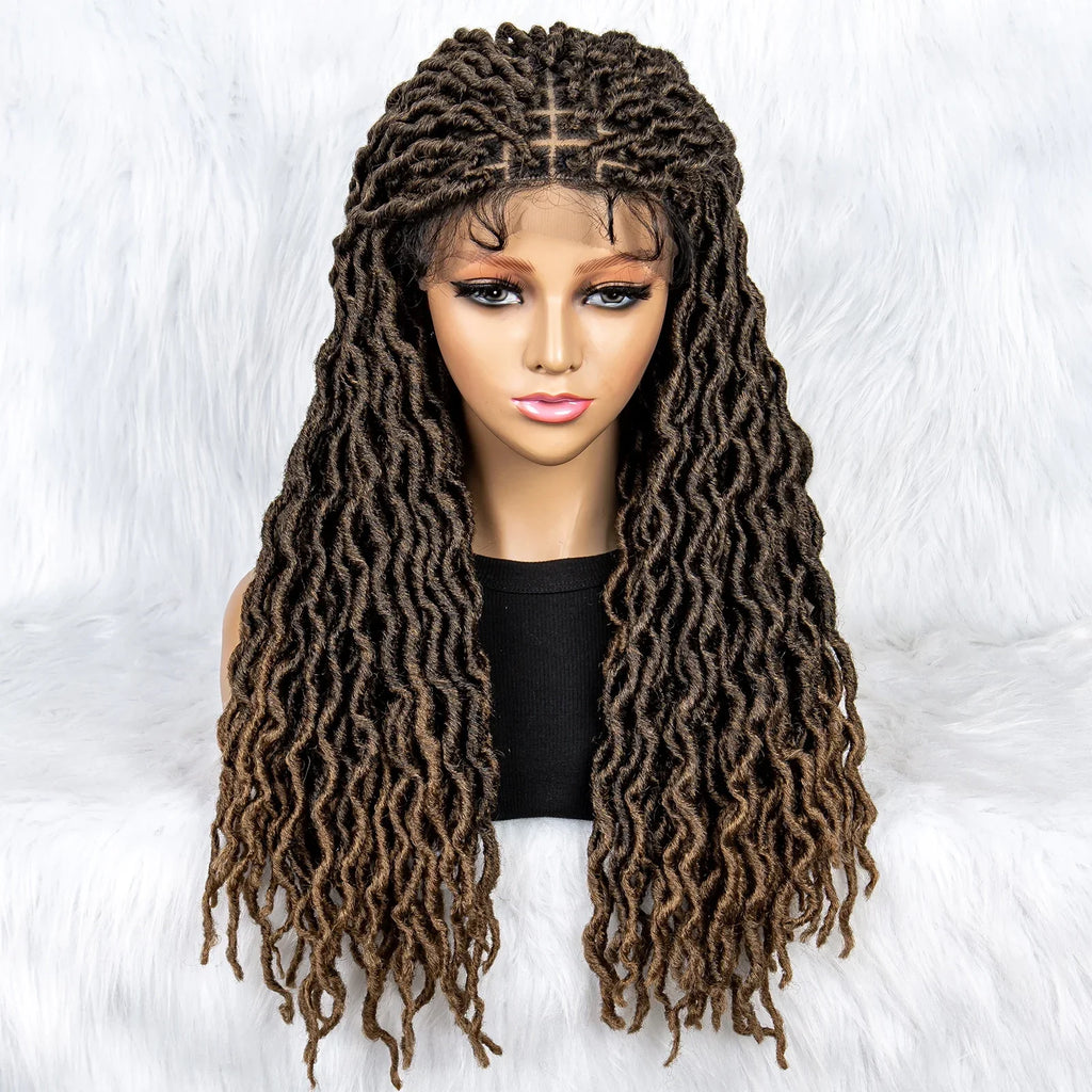 26" Goddess Locs Braided Wig | Lace Front Faux Locs Wig with Baby Hair | Synthetic Dreadlock Braids Wig for Women | Transparent Lace