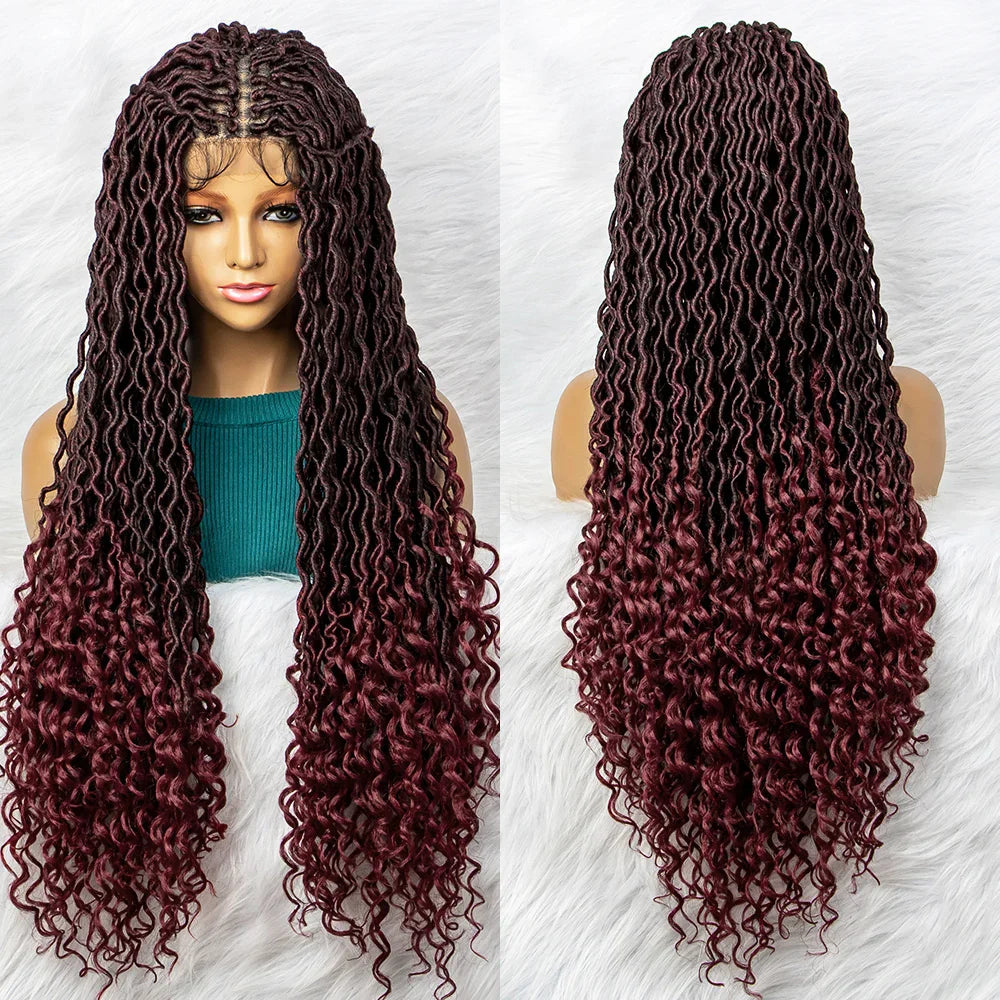32" Burgundy Curly Dreadlocks Braided Wig | Lace Front with Baby Hair