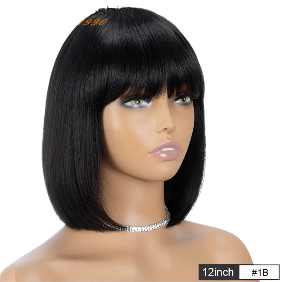 180D Orange/Ginger & Blonde Straight Human Hair Bob Wig with Bangs | Full Machine Made Remy for Women (P4/30, 613, 99J, T1B/27)