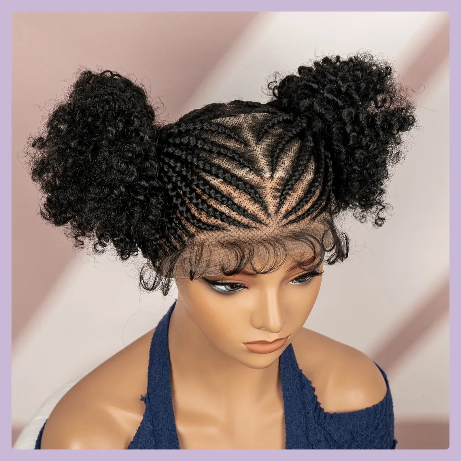 6" Short Afro Curly Wig | Twin Buns | 360 Lace | Cornrows | For Black Women