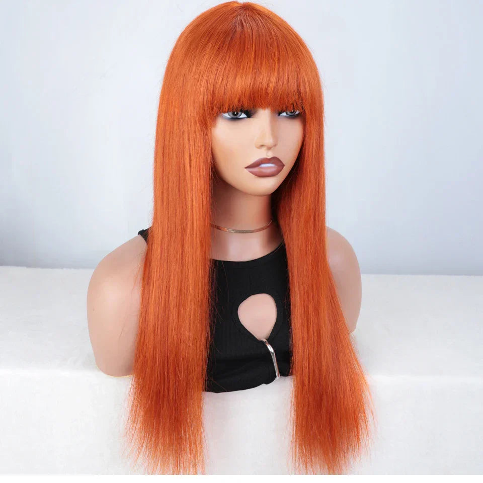180% Density Ginger Straight Human Hair Wig with Bangs | Full Machine Made Brazilian Hair for Cosplay & Daily Wear