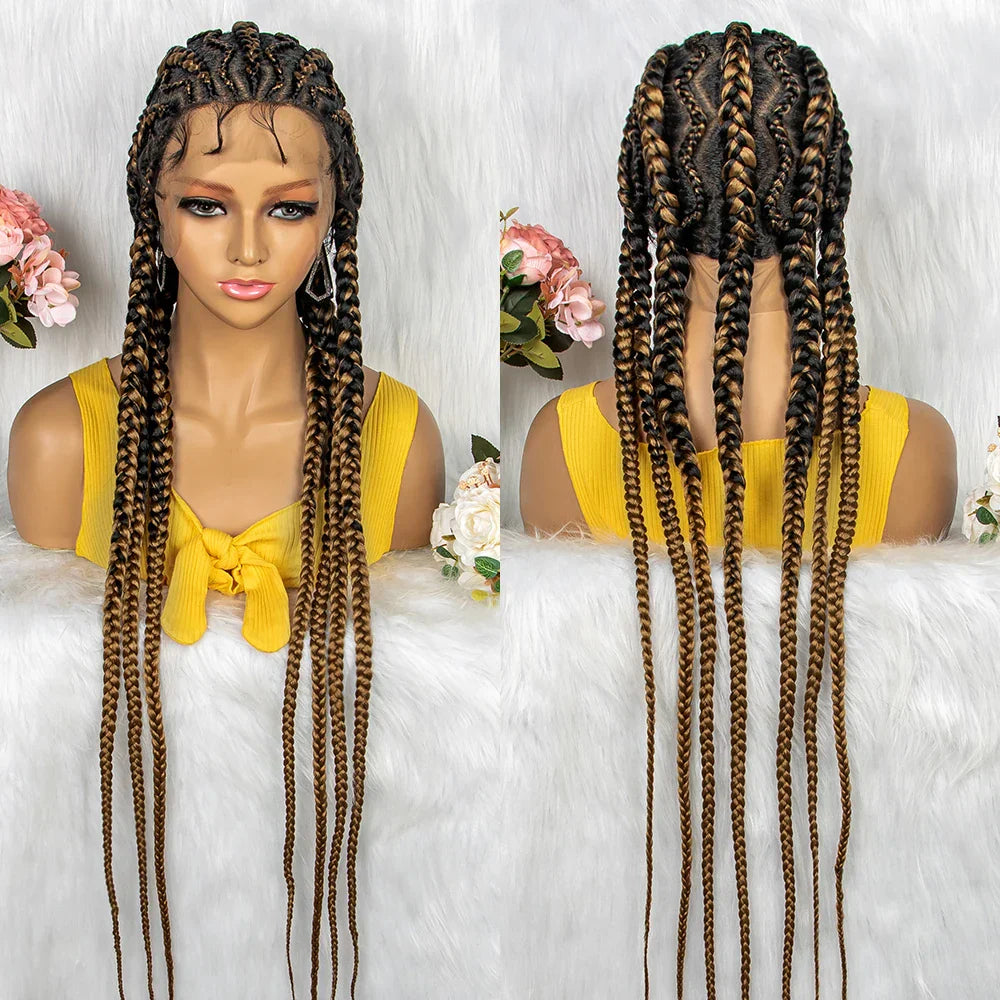 36" KIMA Cornrow Knotless Box Braided Full Lace Wig | Synthetic Braids for Black Women | Light Brown Lace