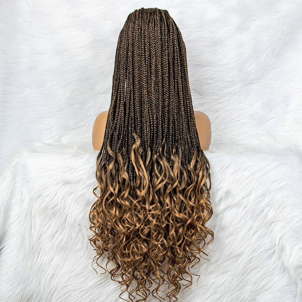 36" Water Wave Braided Lace Front Wig with Baby Hair | African Braids