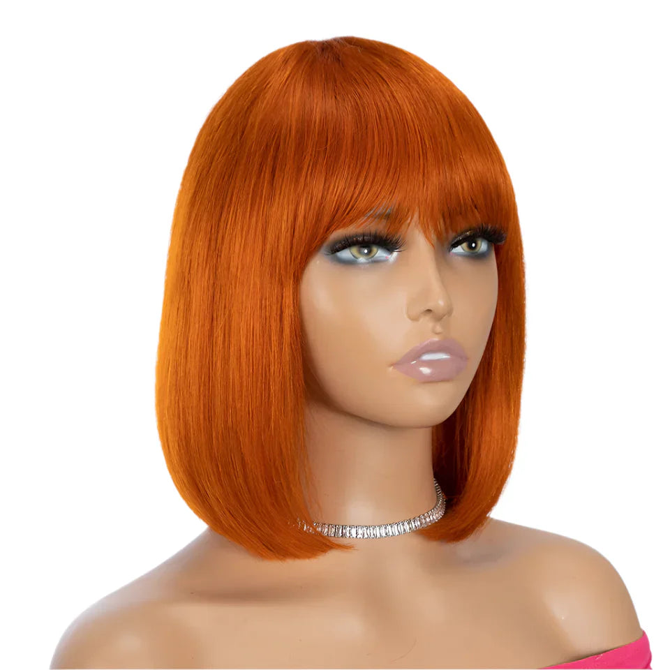180D Orange/Ginger & Blonde Straight Human Hair Bob Wig with Bangs | Full Machine Made Remy for Women (P4/30, 613, 99J, T1B/27)