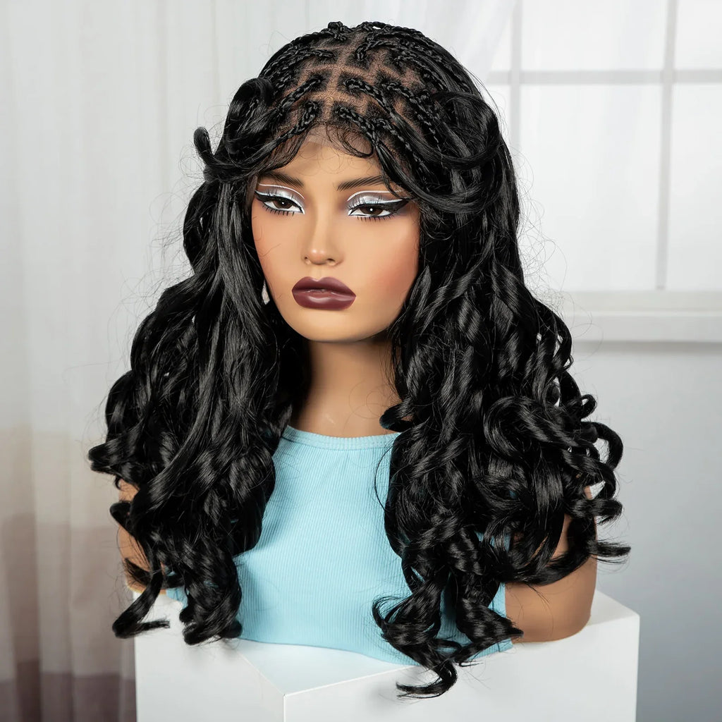 18" Bouncy Wavy Knotless Box Braids Wig with Bangs | Full Lace