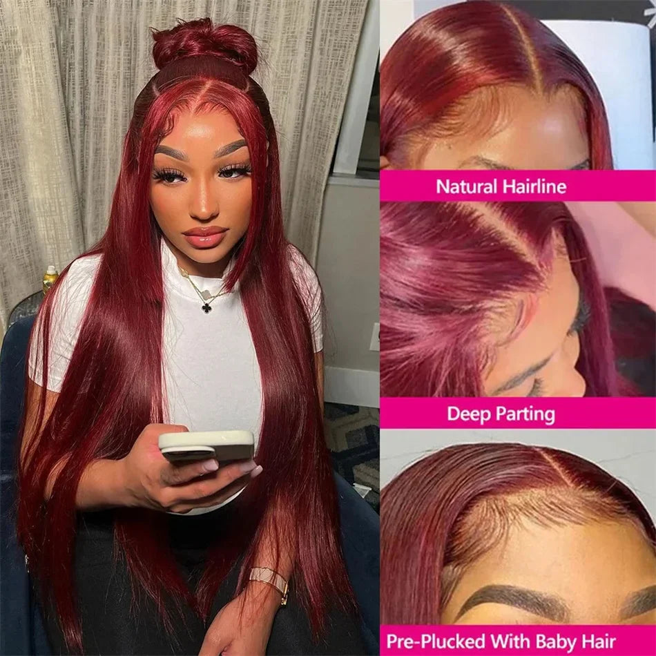 30 Inch Burgundy Bone Straight 13x4 Lace Front Wig | 13x6 HD Lace Frontal Human Hair Wig for Women (Colored)