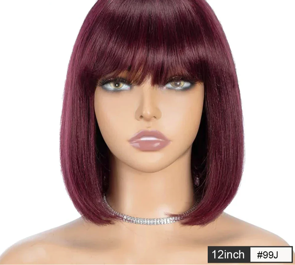 180D Orange/Ginger & Blonde Straight Human Hair Bob Wig with Bangs | Full Machine Made Remy for Women (P4/30, 613, 99J, T1B/27)
