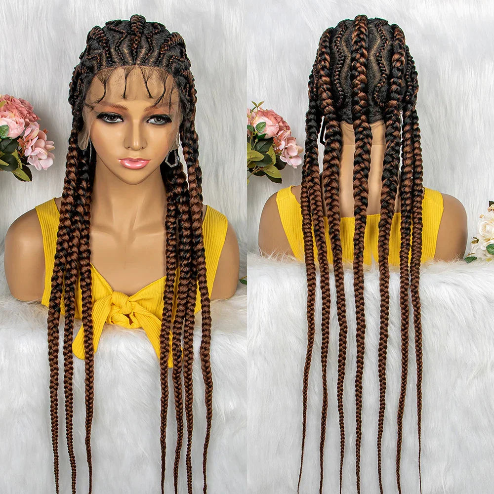 36" KIMA Cornrow Knotless Box Braided Full Lace Wig | Synthetic Braids for Black Women | Light Brown Lace