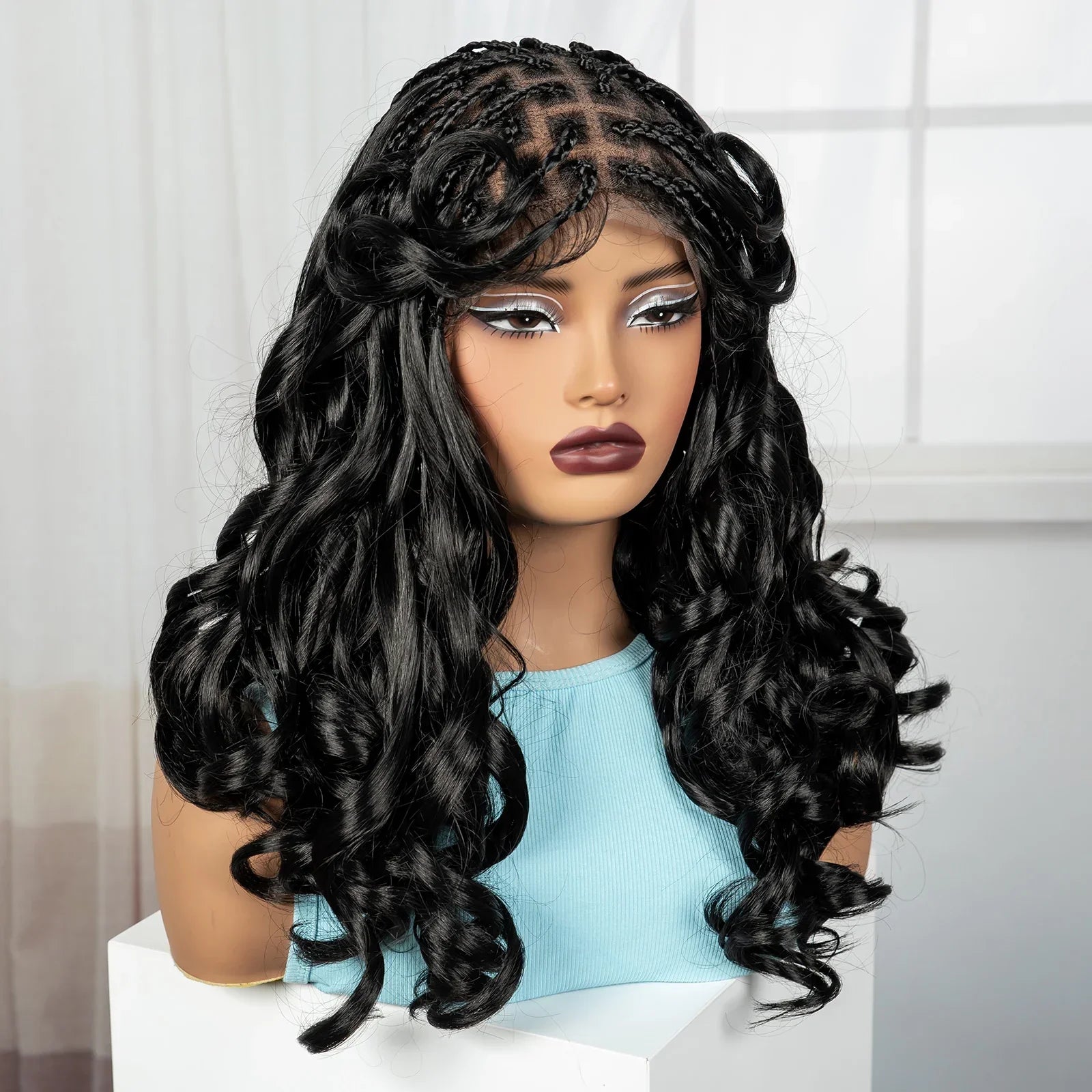 18" Bouncy Wavy Knotless Braids Wig | Full Lace | Bangs | Baby Hair